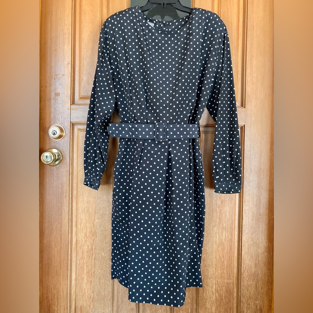 vintage ESPRIT button down, white polka dot black dress, size 8/10